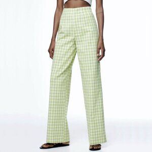 Zara Gingham Checkerboard Wide Leg Trouser Dress Pants Green White Dopamine Boho